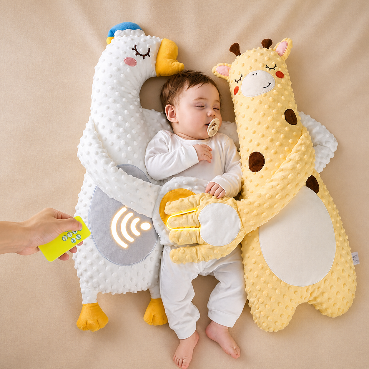 Baby Bubble bed sleep patting pillow with remote control, soft fabric, designed to soothe babies with gentle patting vibrations.
