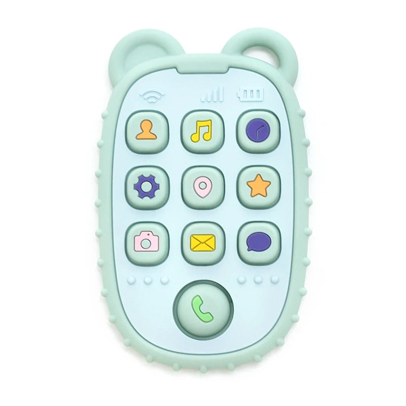 Baby Bubble baby phone-shaped silicone teether with colorful, textured surfaces for chewing and soothing comfort.