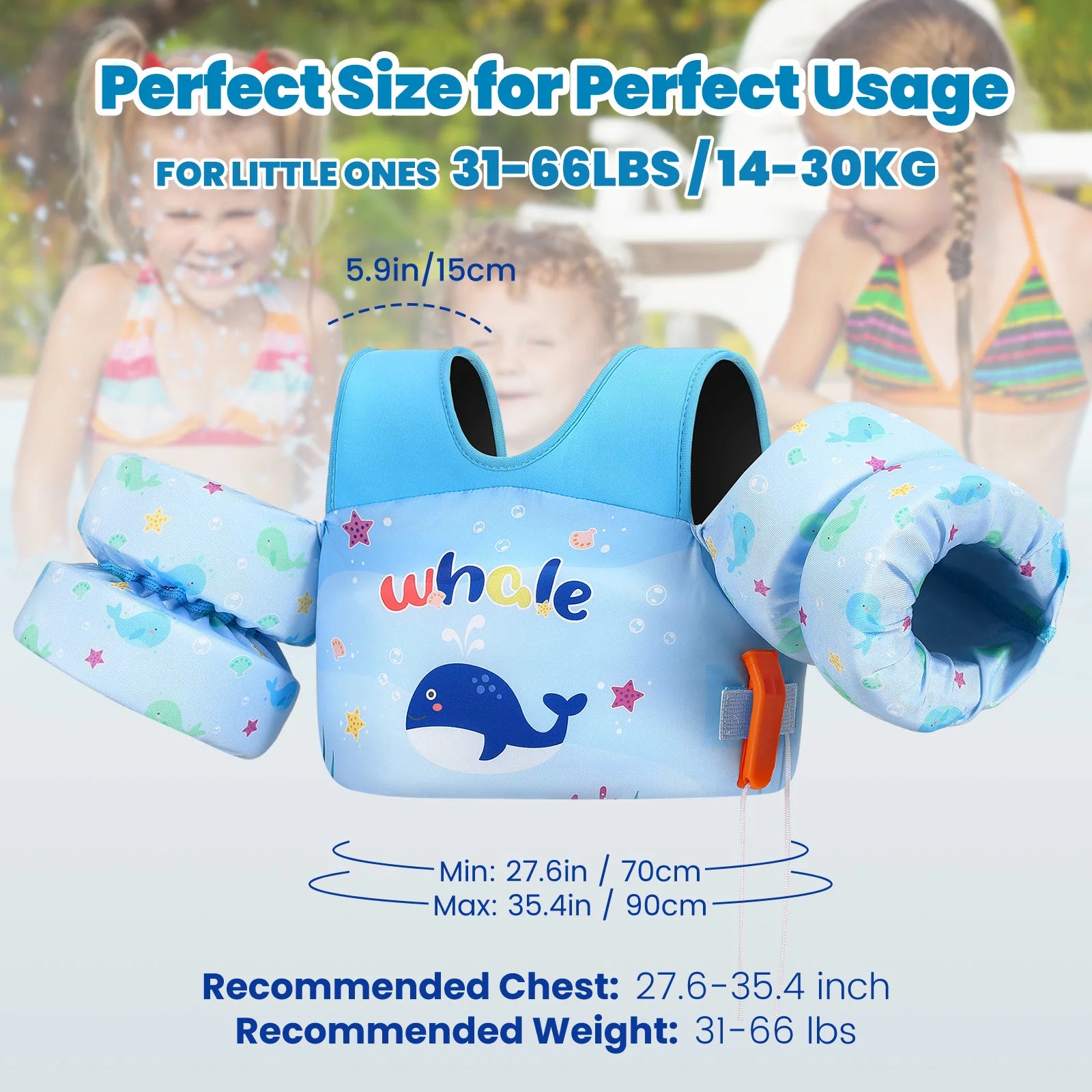 Baby Bubble kids life vest with foam arm floats and safety whistle, designed for children's safety during water activities.