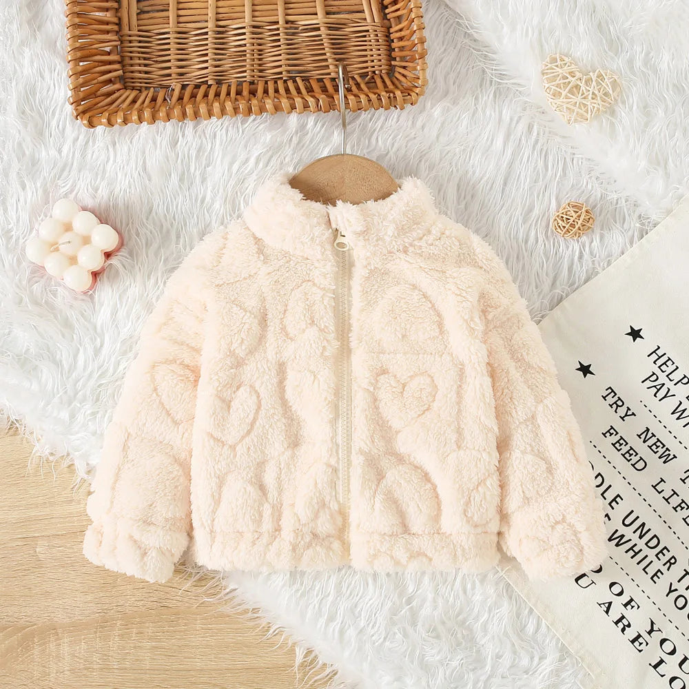 Baby girl winter coat by Baby Bubble, warm and cozy, pink with hood and button details, perfect for cold winter days.