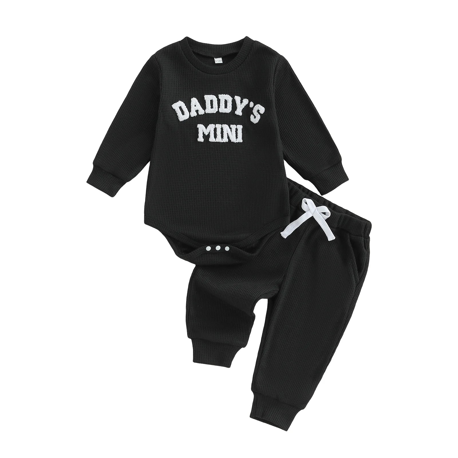 Baby Bubble Daddy's Mini Waffle Bodysuit and jogger pants set, embroidered fall-themed design, soft and cozy for babies.