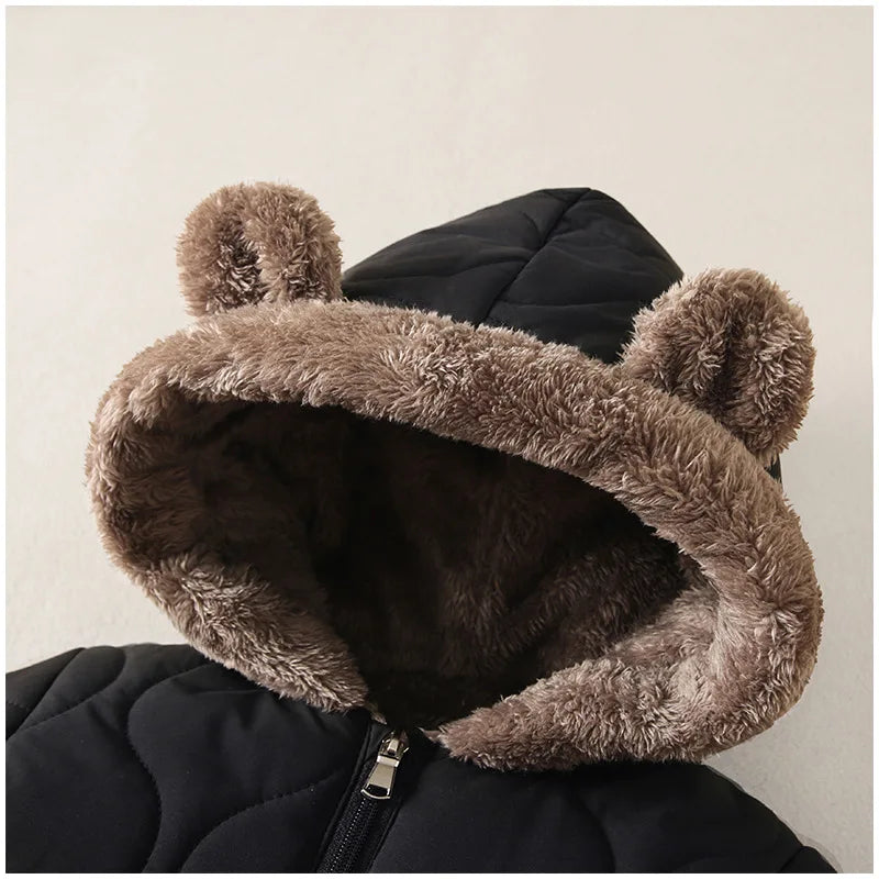 Baby Bubble winter jumpsuit with fur lining and cartoon print, designed for warmth and comfort for infants.