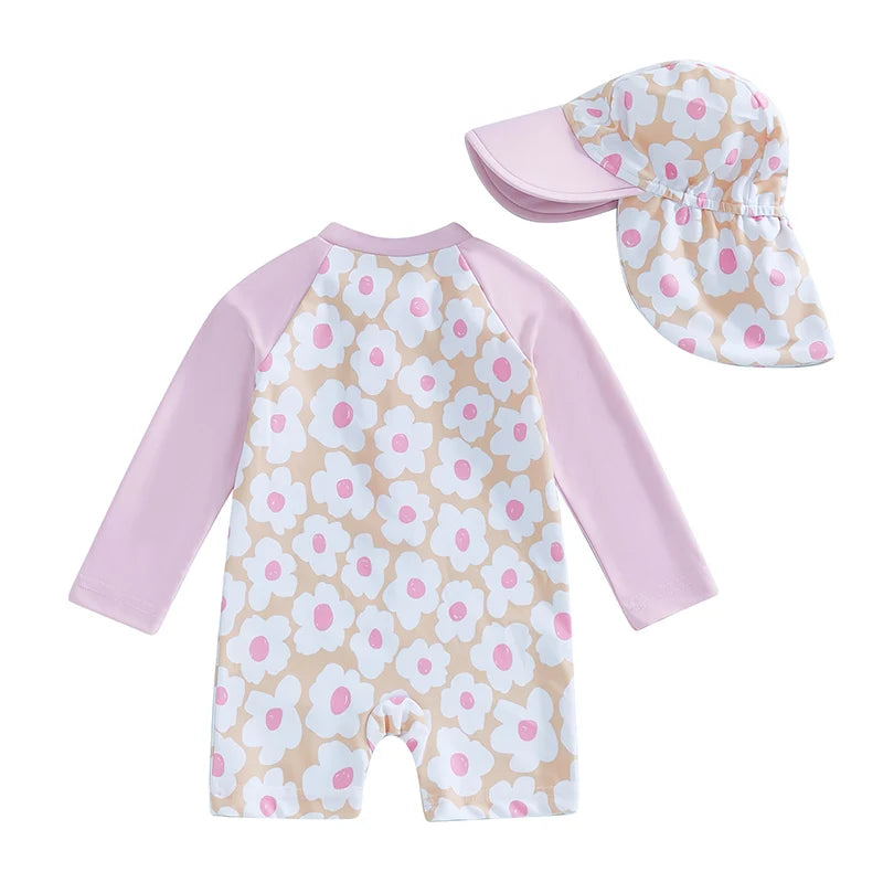 Baby girls rash guard set from Baby Bubble featuring floral and flamingo print, with long sleeves and vibrant summer design.