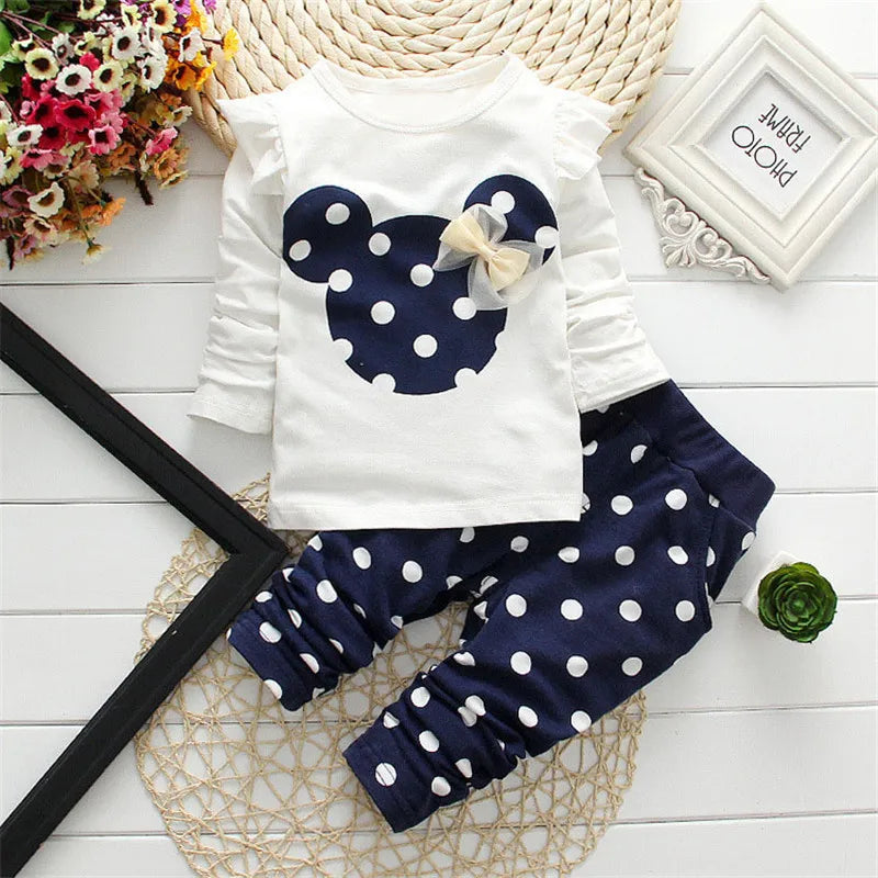 Toddler girl cartoon long sleeve T-shirt and pants set by Baby Bubble, soft cotton 2-piece children's fashion outfit for babies.
