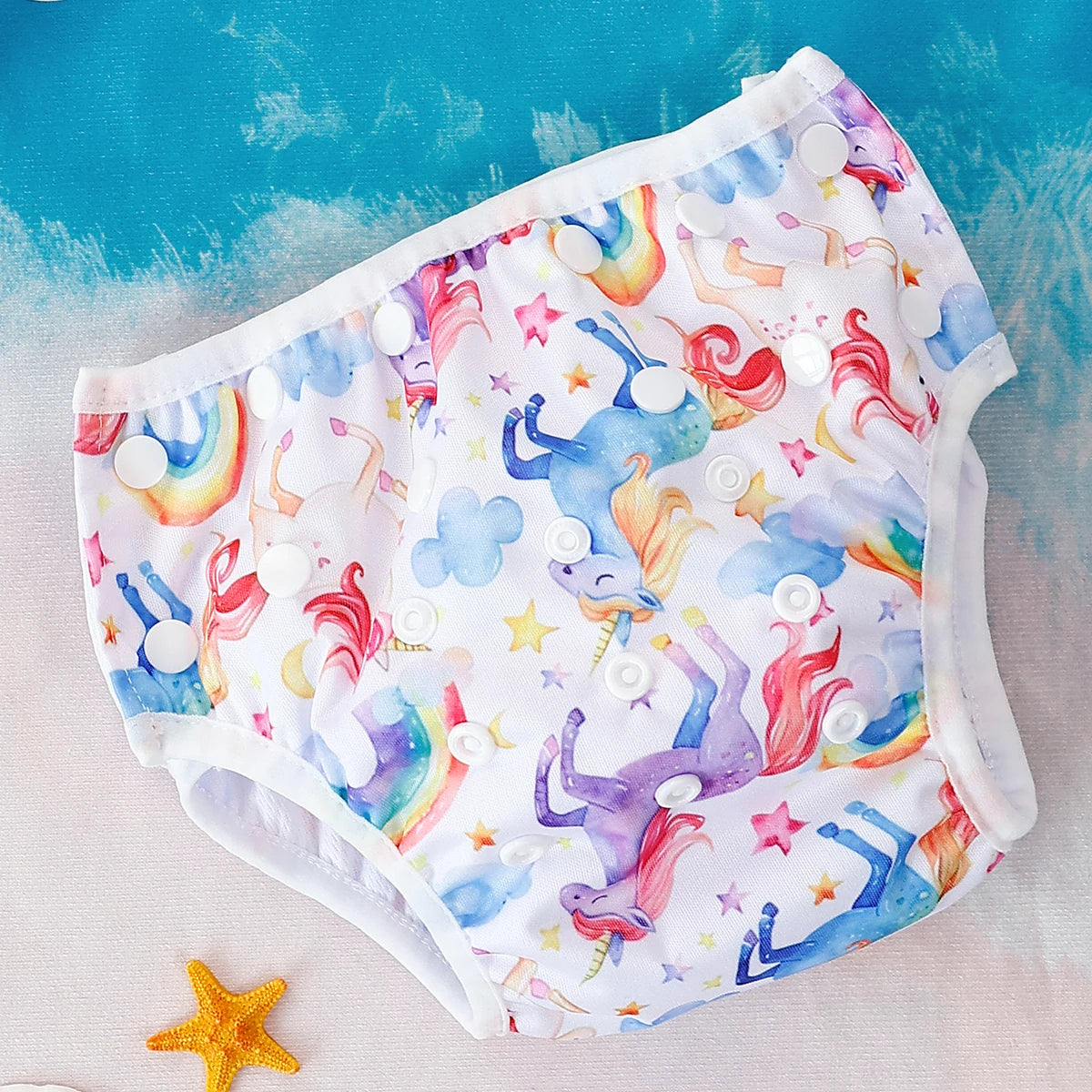 Baby Bubble washable and adjustable baby swim diapers shown in bright colors with snug fit and soft material for comfortable swimming.