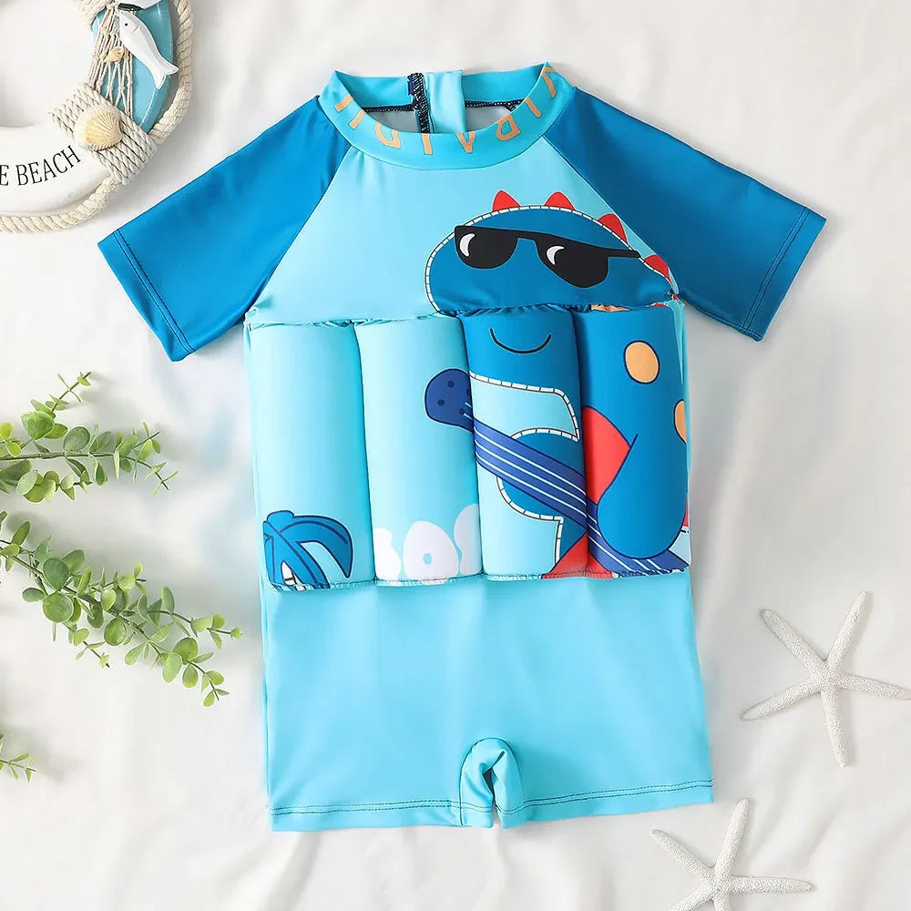Kids buoyancy swimsuit by Baby Bubble featuring a colorful cartoon float design, designed for safe swimming and water play.
