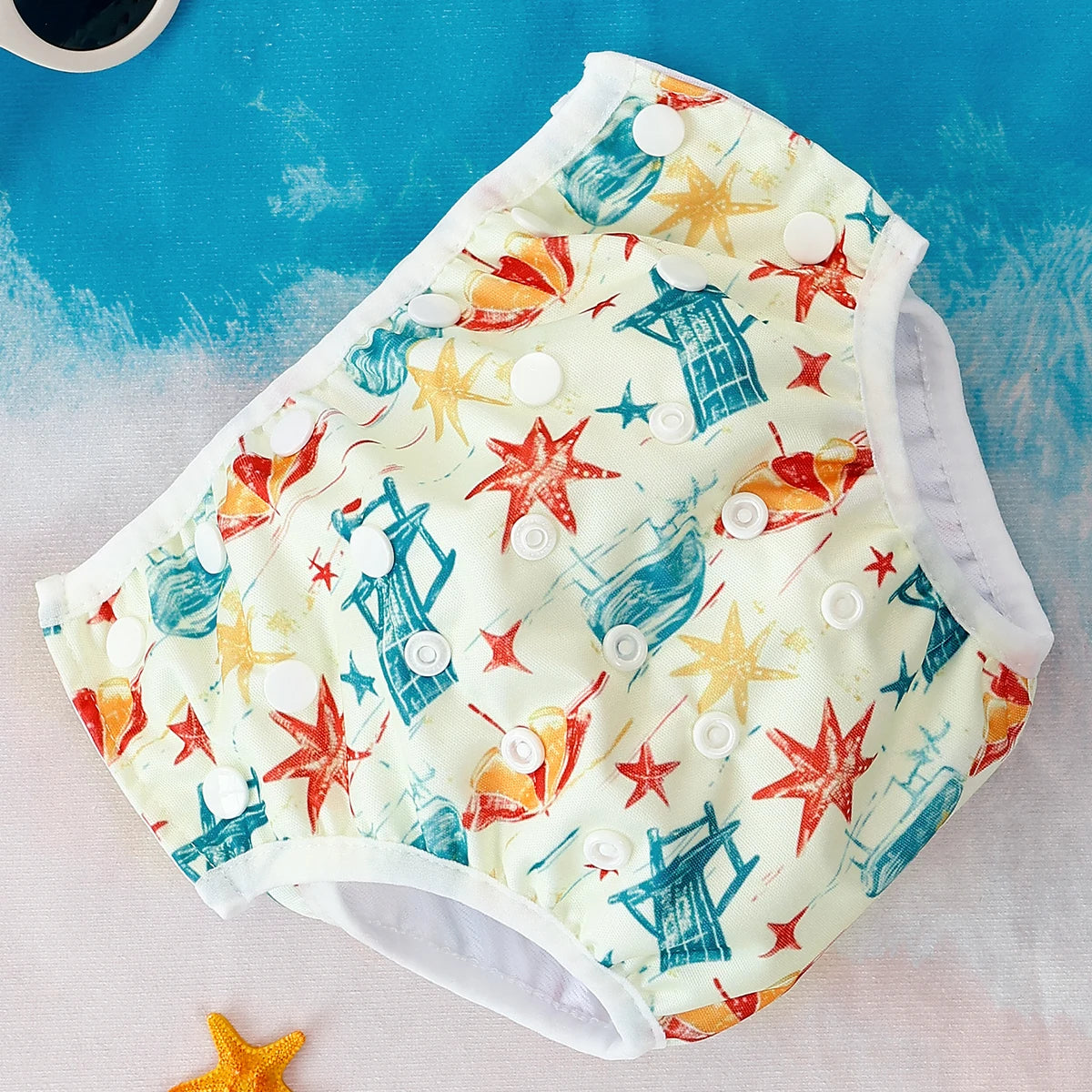 Baby Bubble washable baby swim diapers with adjustable fit, shown in a colorful design suitable for water activities.