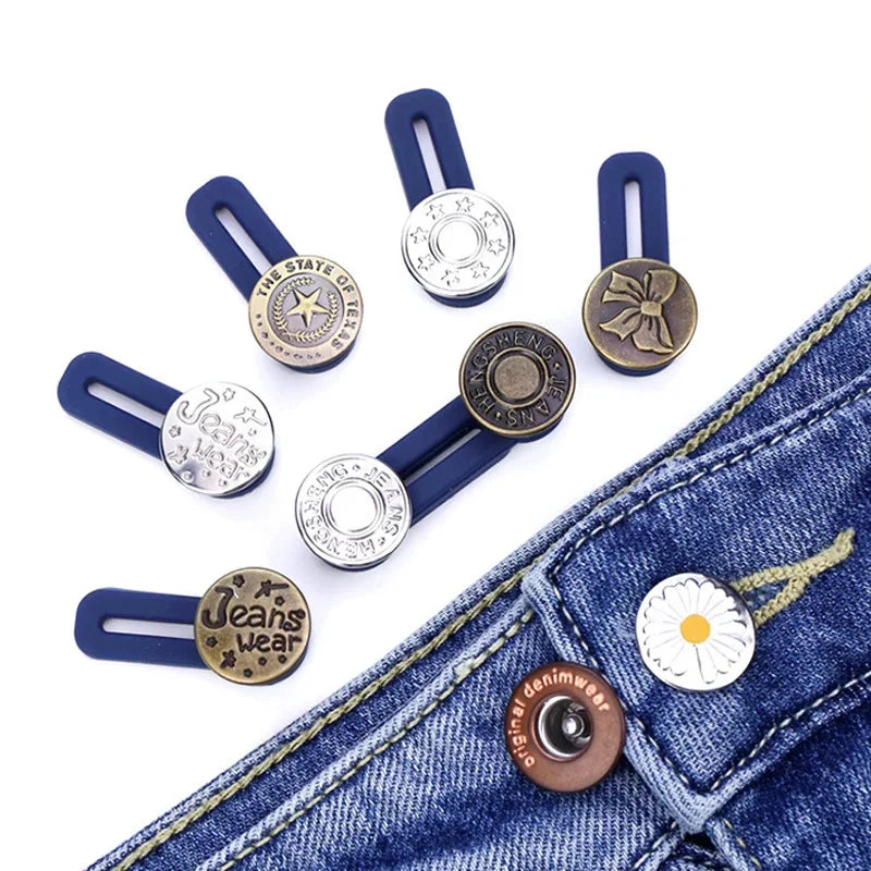 Baby Bubble maternity jeans button extenders providing instant waist relief, showing flexible fabric and secure button attachment.