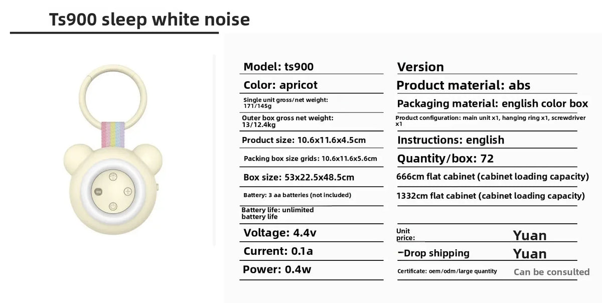 TS900 Baby Sleep Speakers Machine with Night Light, Portable White Noise Machine for Newborn, 15/30/60 Min Timer, Crib Stroller