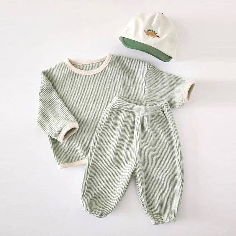 Baby Bubble Korean Waffle Suit, comfy 2-piece set featuring soft waffle fabric, perfect for casual wear or lounging.