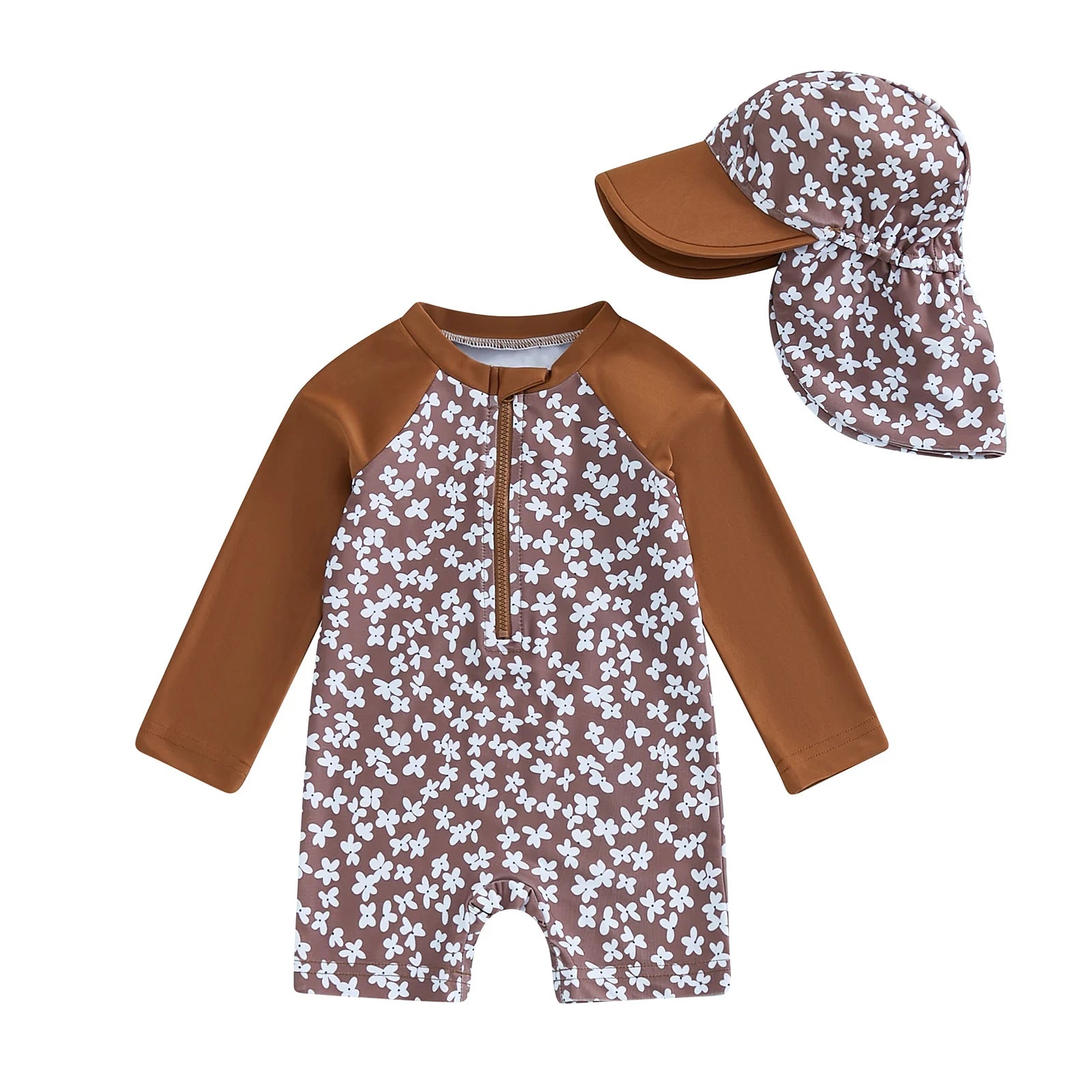 Baby girls rash guard set with floral and flamingo print by Baby Bubble, featuring colorful long-sleeve swimwear for infants.