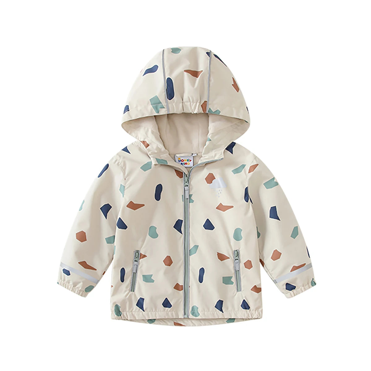 Kids waterproof softshell jacket by Baby Bubble, showing a bright blue all-weather jacket with a hood and reflective details.