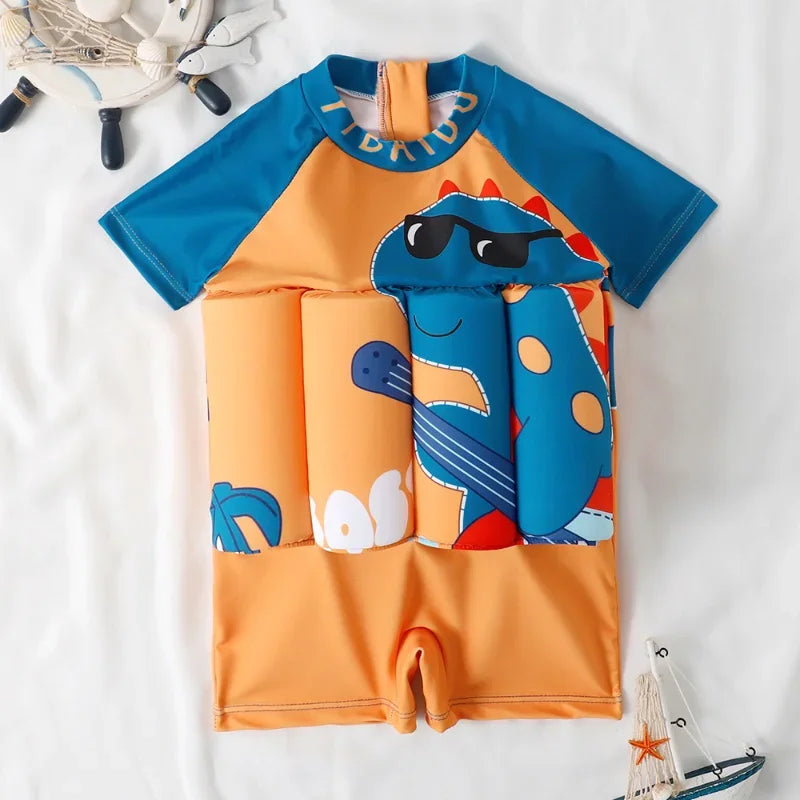 Kids buoyancy swimsuit by Baby Bubble featuring colorful cartoon float design, designed for safe swimming and water play.