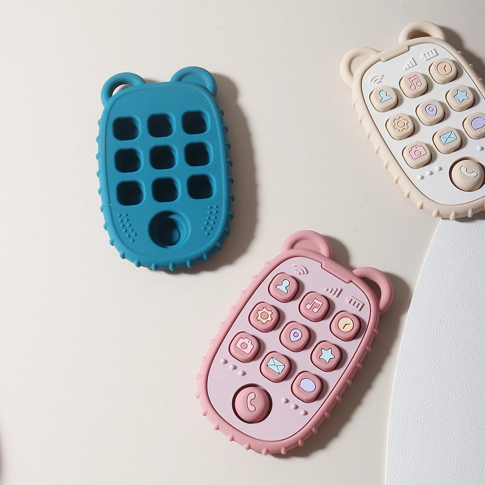 Baby Bubble baby phone-shaped silicone teether with colorful chewable parts, designed to soothe and entertain infants.