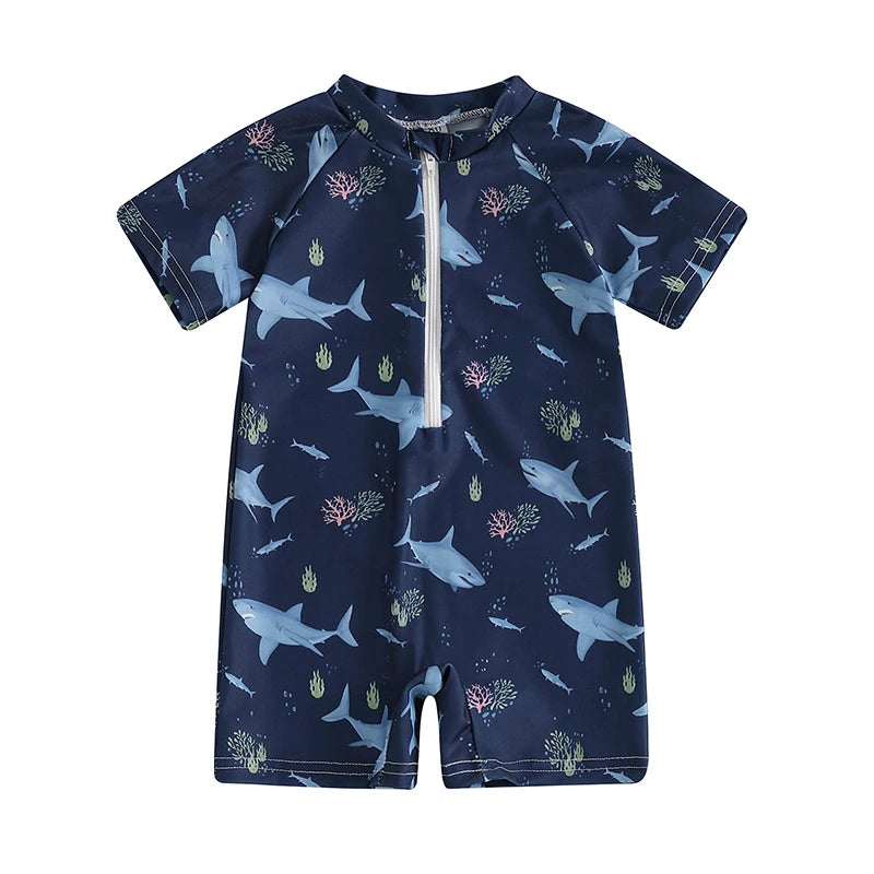 Baby Bubble shark print long sleeve baby rash guard with zip-up front, designed for sun protection and comfort.