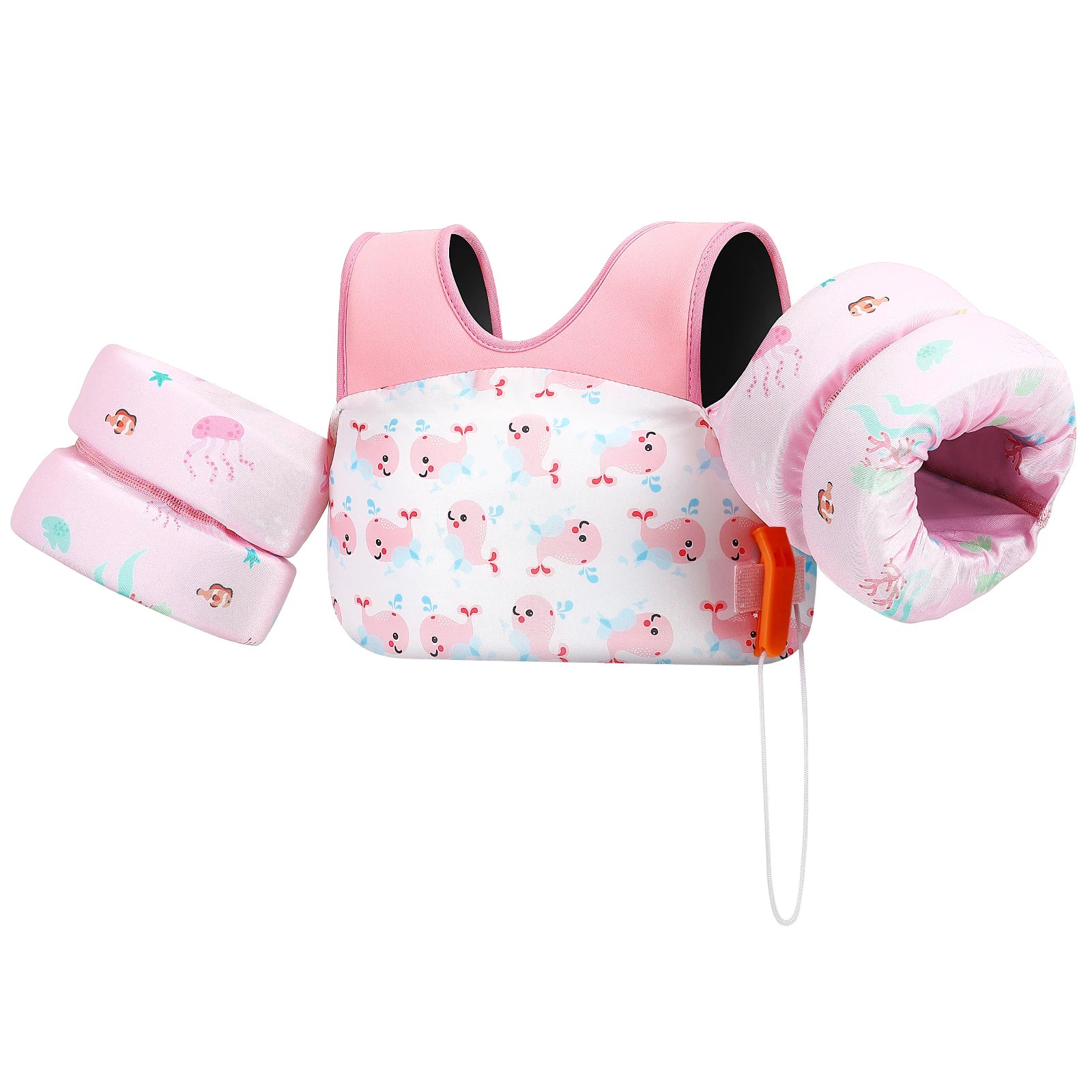 Baby Bubble kids life vest with foam arm floats and safety whistle, designed for swimming safety and buoyancy.
