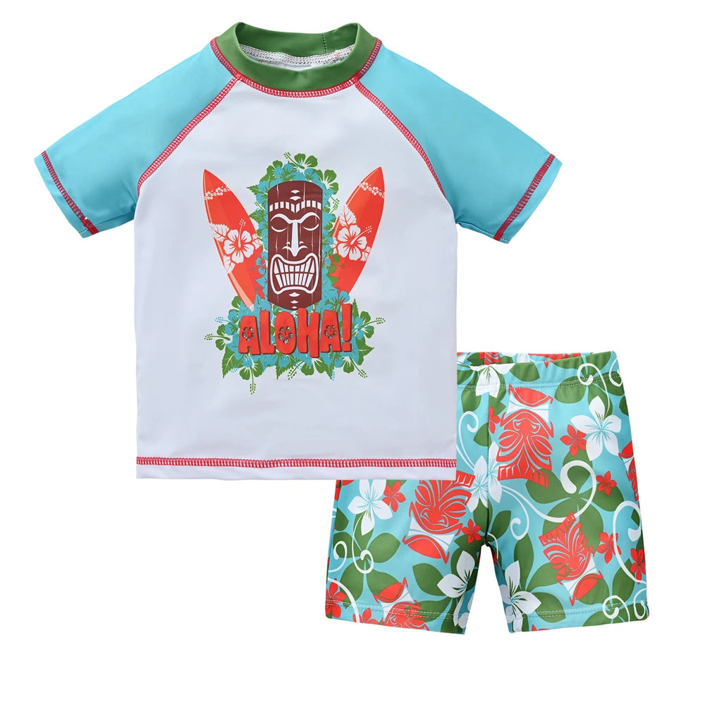 Boy wearing a Baby Bubble boys' 2-piece swimsuit set with a colorful cool print, suitable for ages 1 to 7 years.