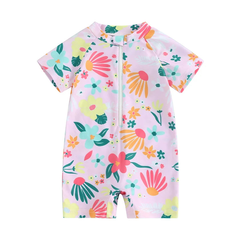 Baby Girl's floral zip-up rash guard romper by Baby Bubble, featuring colorful flower patterns and a front zipper for easy dressing.