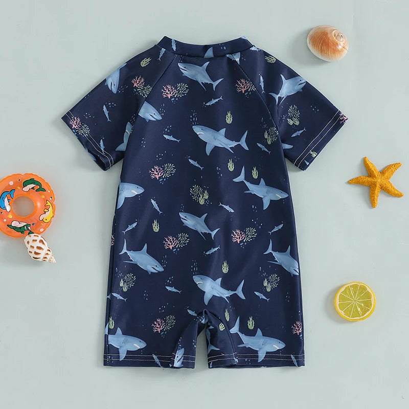 Baby Bubble shark print long sleeve zip-up rash guard for babies, featuring a soft fabric and playful shark design.