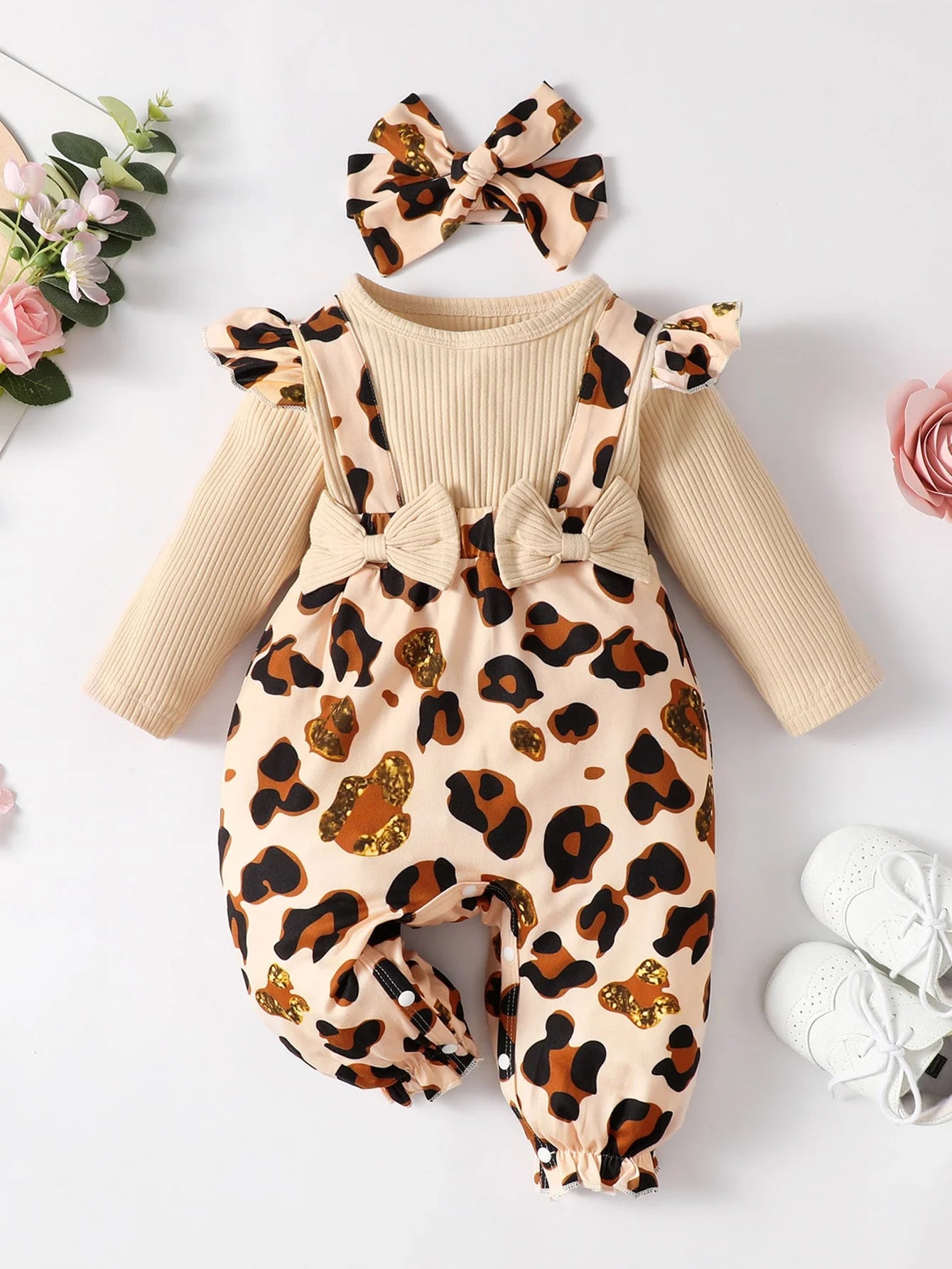 Baby Girl Leopard Jumpsuit Set with ruffle trim and matching headband, stylish and comfortable outfit by Baby Bubble.