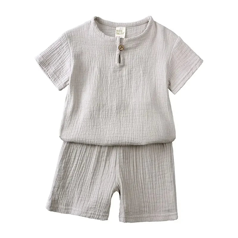 Baby Bubble kids cotton linen summer outfit set with breathable fabric, featuring a lightweight top and shorts for warm weather.