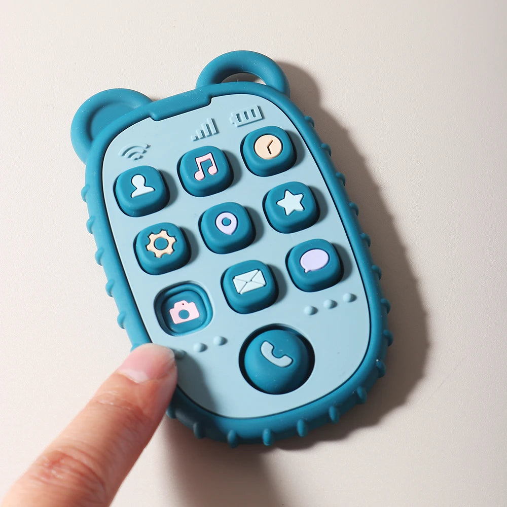 Baby Bubble baby phone shape teether made of soft silicone with colorful buttons, designed for soothing and teething relief.