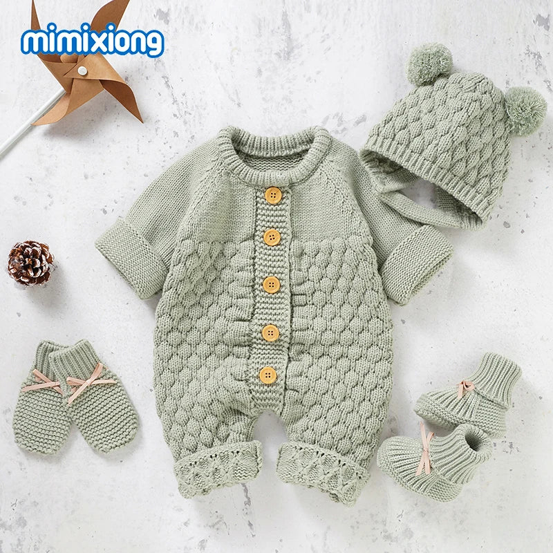 Baby Bubble knitted romper and cap set in cozy autumn/winter style, soft and warm for little ones.