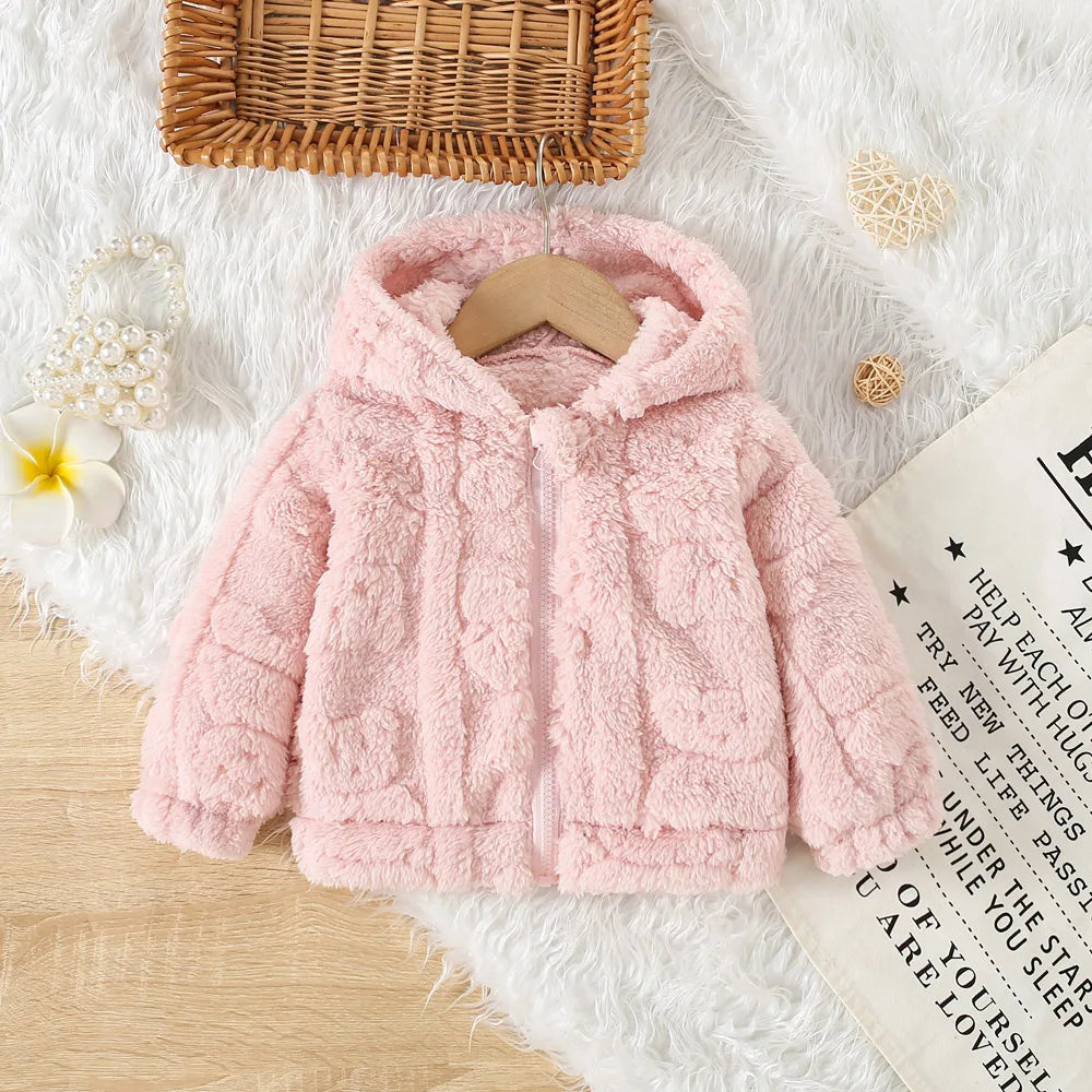 Baby Girl pink fleece jacket with heart love pattern by Baby Bubble, cozy and warm for little girls.