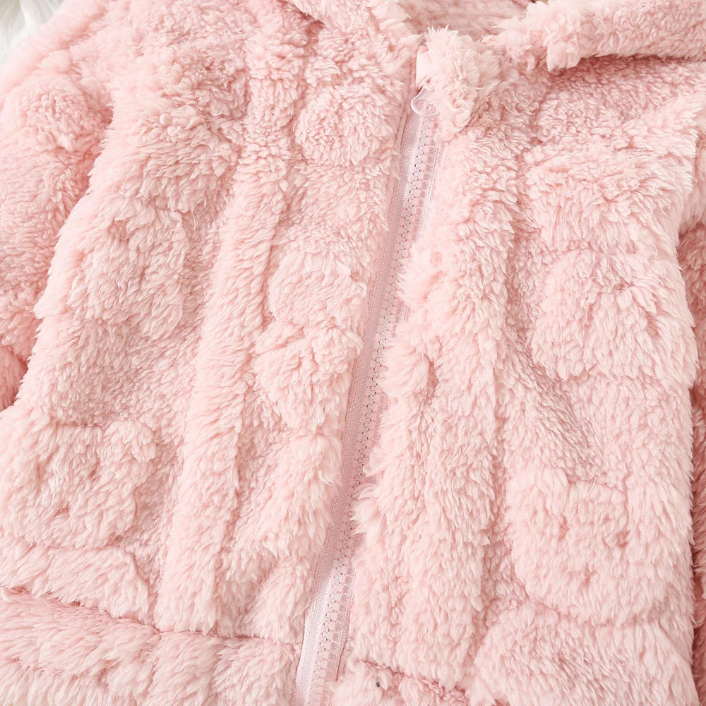 Baby Girl Pink Fleece Jacket by Baby Bubble with heart love pattern, cozy fleece material and adorable design.