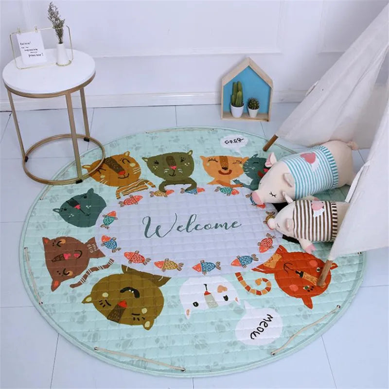 Round Kids Room Carpet featuring Nordic animal designs, 150cm play mat by Baby Bubble for children’s playroom decor.