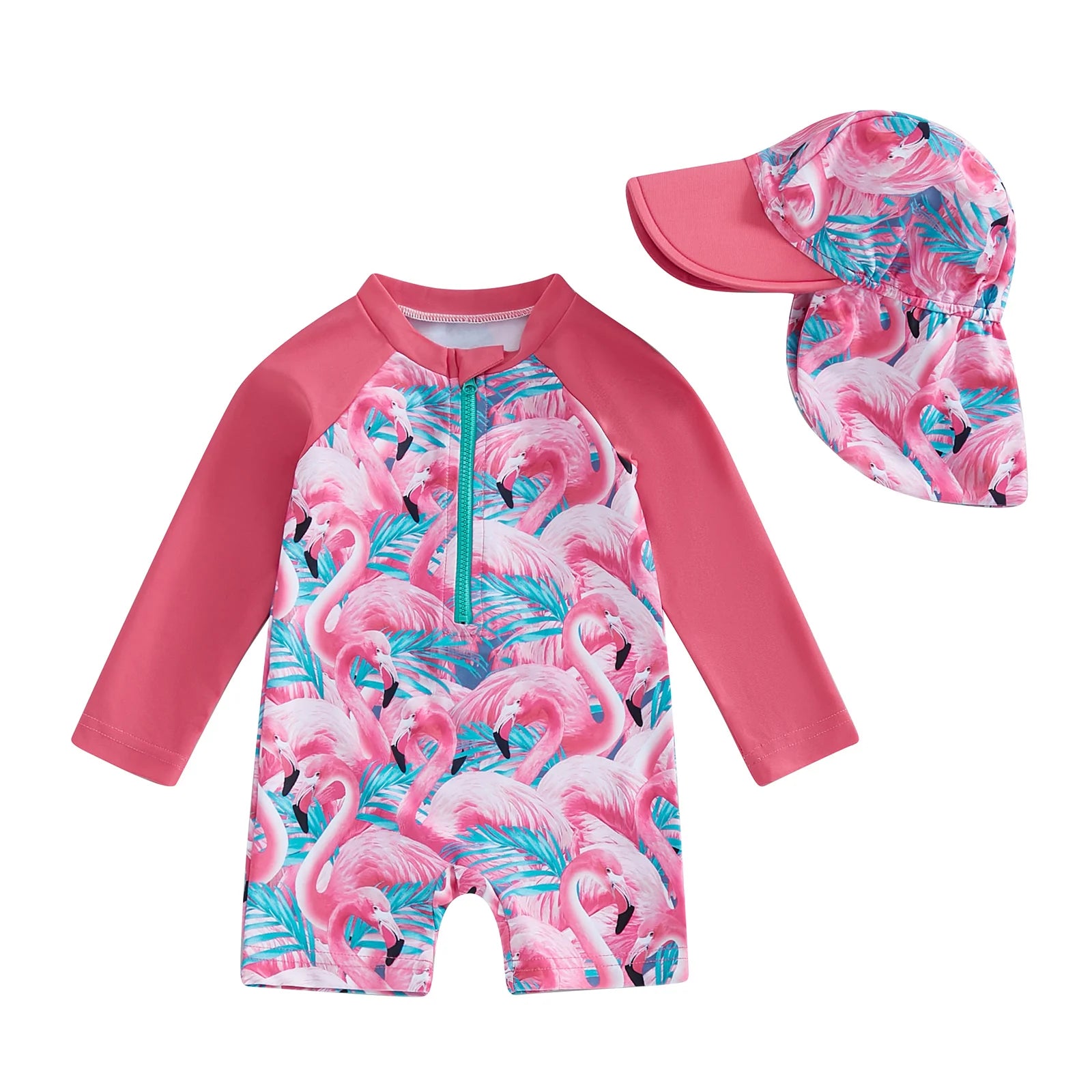 Baby girls rash guard set with floral and flamingo print by Baby Bubble, featuring a colorful long-sleeve swimwear outfit.