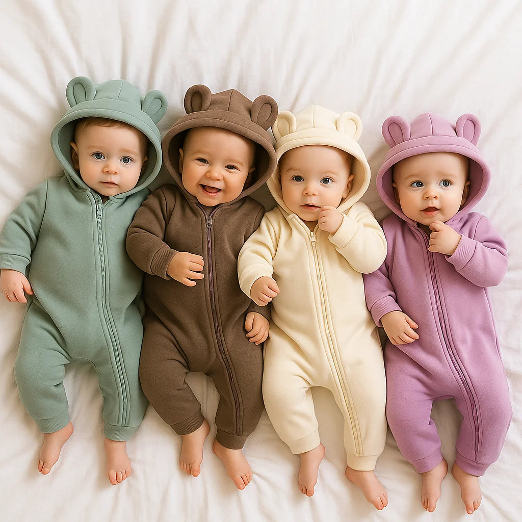 Baby Bubble Bear onesie featuring a cute bear design, cozy winter pajamas for infants, soft and comfortable for cold weather.