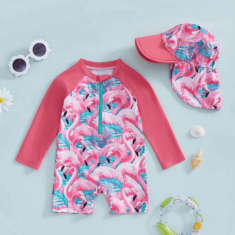 Baby Girl's rash guard set with floral and flamingo print by Baby Bubble, featuring colorful protective swimwear for infants.