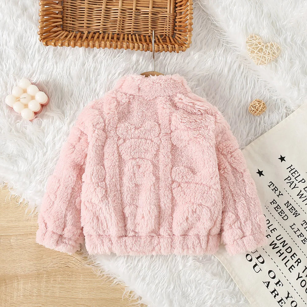 Baby Girl Winter Coat by Baby Bubble featuring a warm, cozy pink coat with a hood and cute winter design.