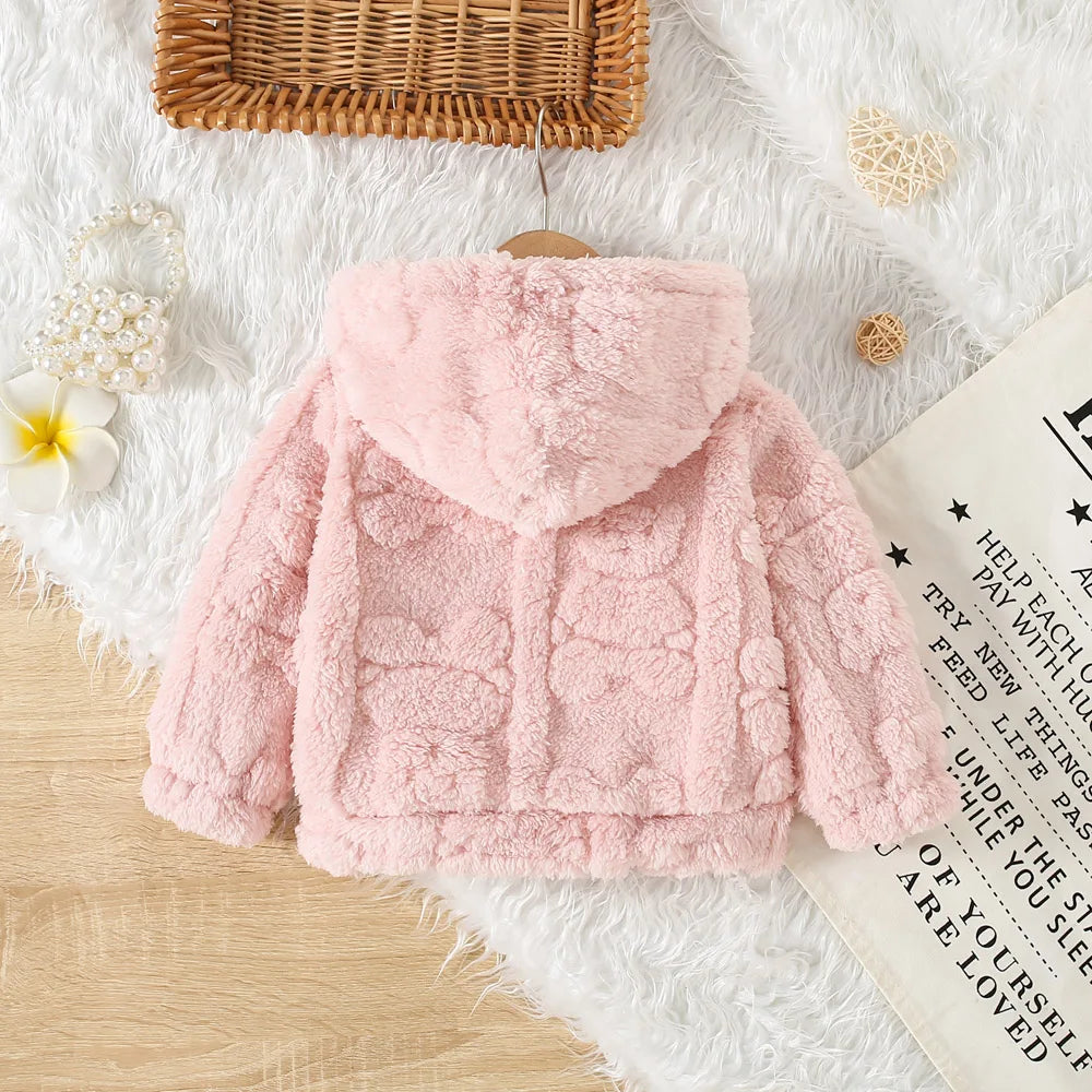 Baby Girl pink fleece jacket with heart love pattern by Baby Bubble, featuring soft cozy fabric and adorable design.