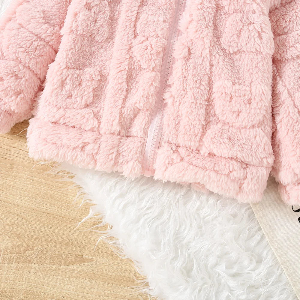 Baby Girl pink fleece jacket by Baby Bubble with heart love pattern, soft and warm for little girls.