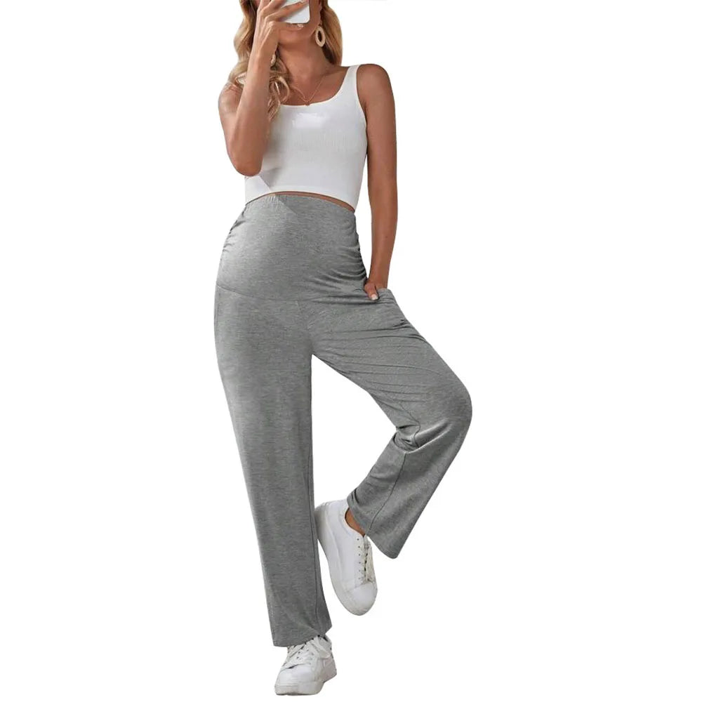 Maternity wide-leg pants by Baby Bubble with over-belly design, featuring soft fabric and comfortable fit for expectant mothers.