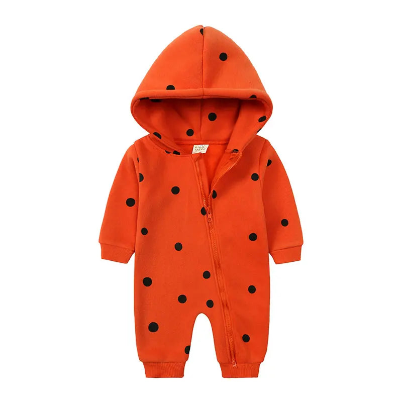 Baby Bubble baby cartoon romper with hood and zipper featuring a cute cartoon print, designed for comfort and adorable style.