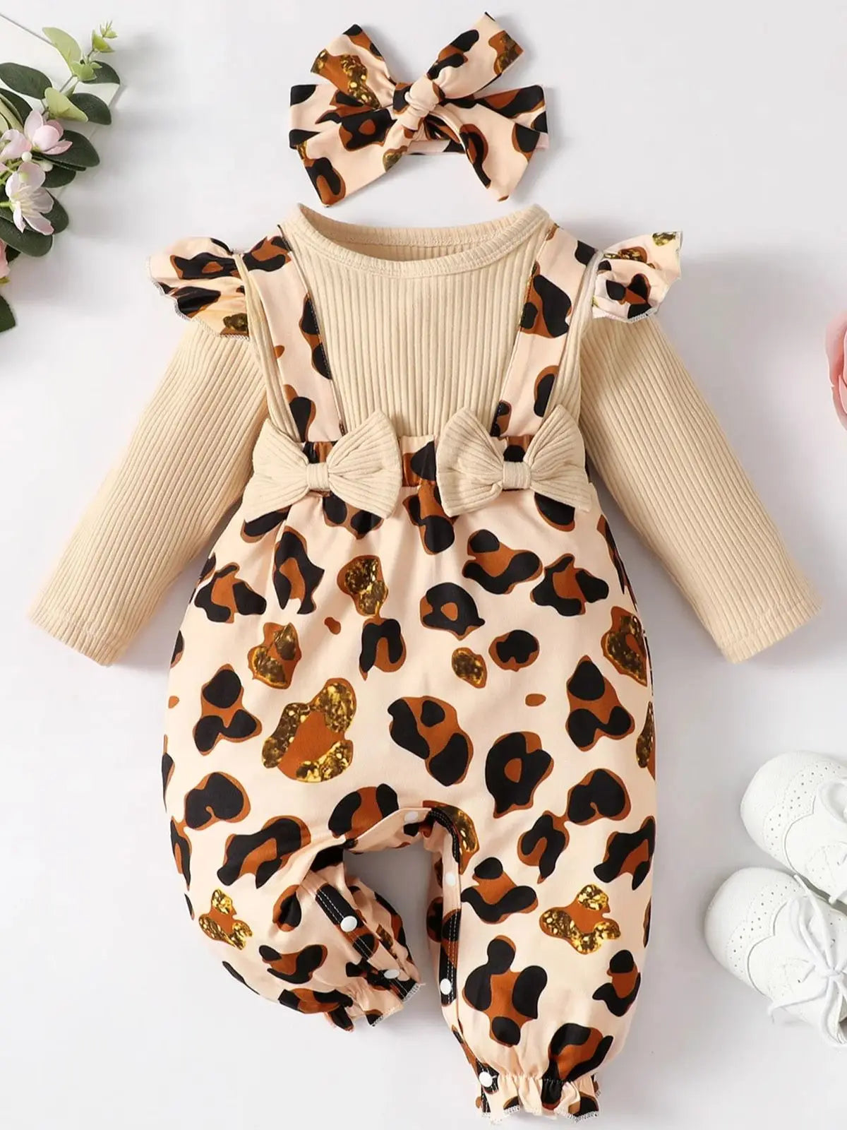 Baby girl leopard jumpsuit set by Baby Bubble with ruffle trim and matching headband, featuring a cute animal print and comfortable fit.