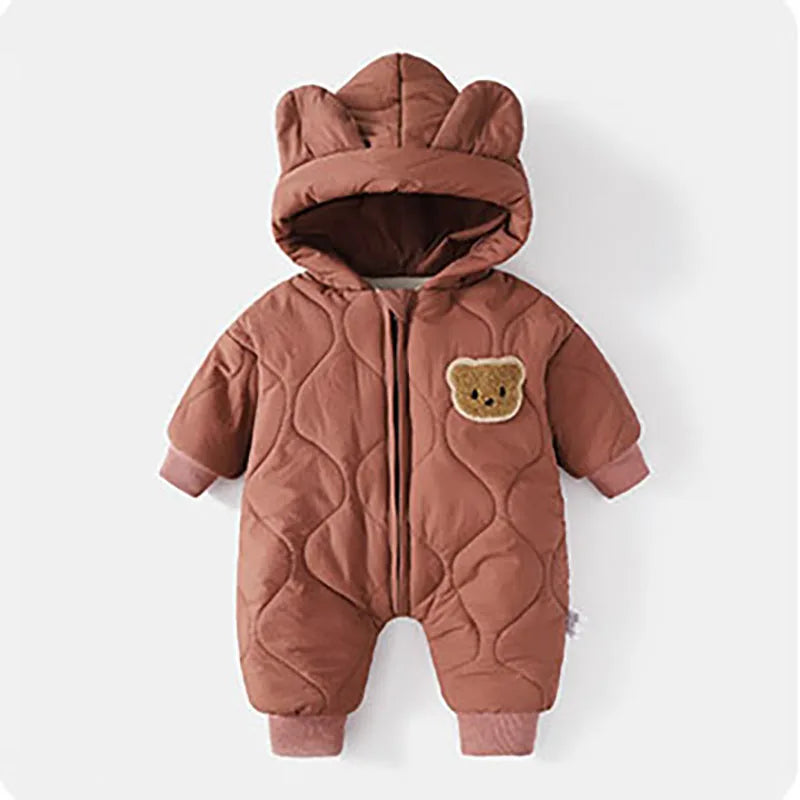 Baby Bubble winter romper featuring a cute cartoon bear design, cozy jumpsuit for babies in warm, soft fabric.