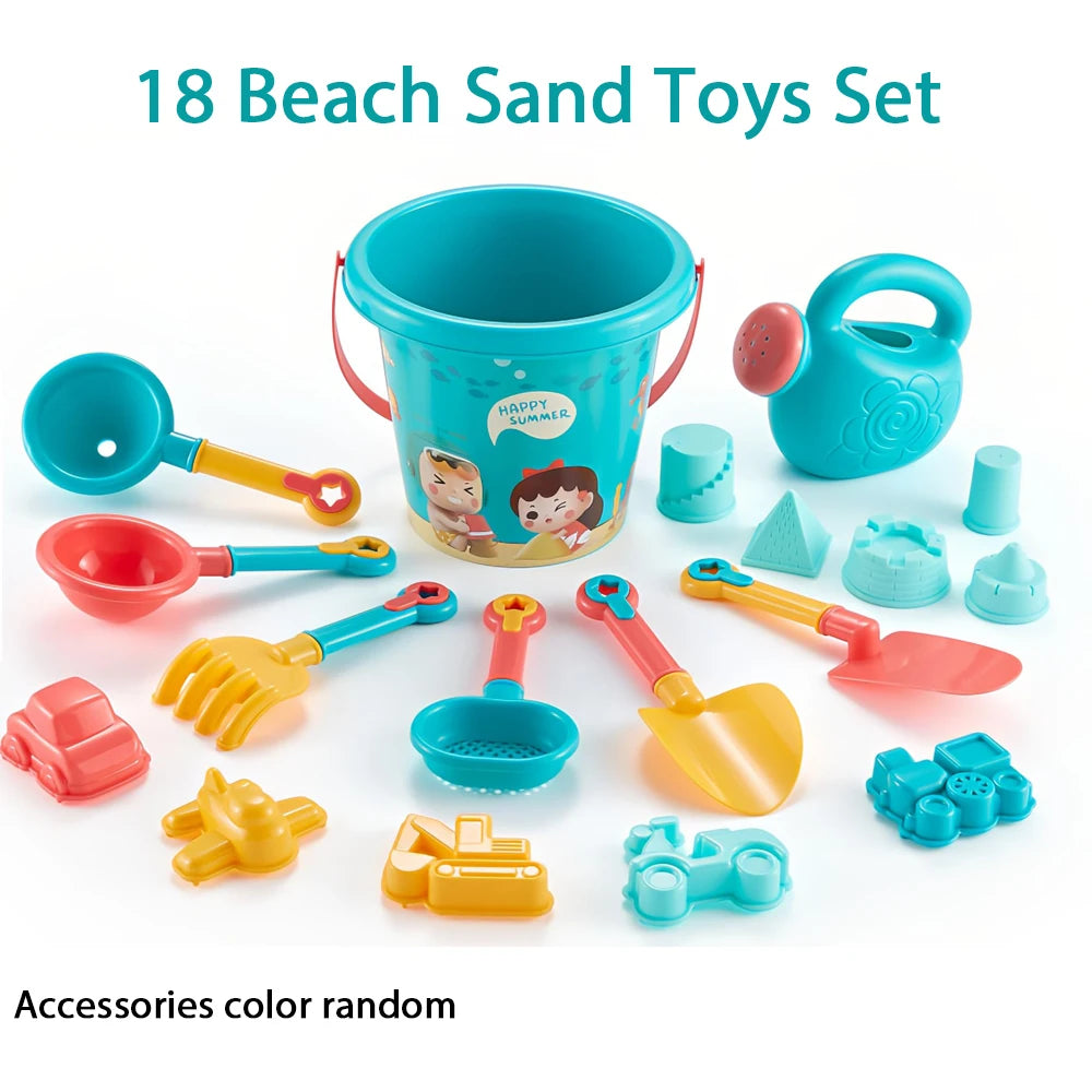 Baby Bubble 18-piece baby beach sand toy set with colorful shovels, molds, and buckets for summer outdoor fun.