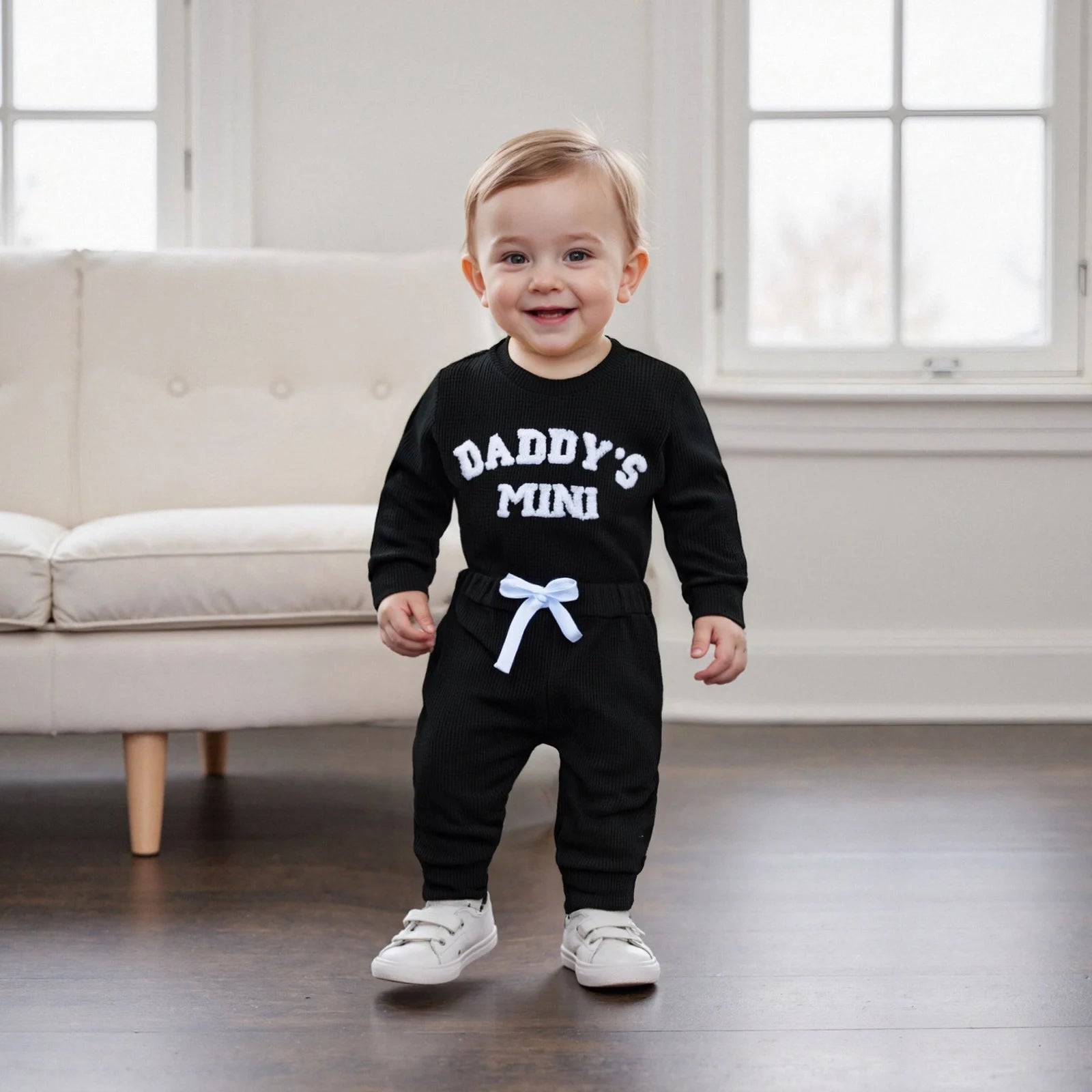 Baby Bubble Daddy's Mini Waffle Bodysuit and Jogger Pants set with embroidered details, perfect for fall fashion on a baby.