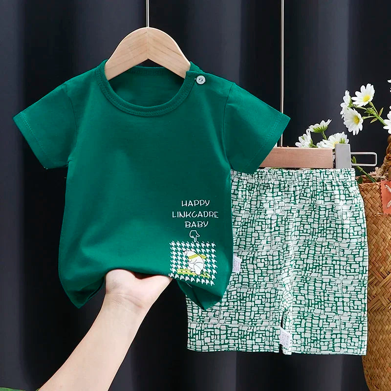 Baby Bubble cartoon print contrast T-shirt and shorts set featuring colorful cartoon characters and playful design for toddlers.