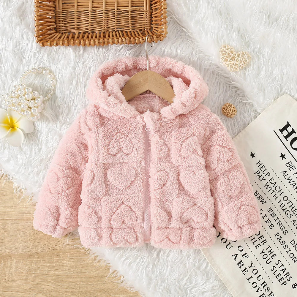 Baby girl pink fleece jacket with heart love pattern by Baby Bubble, cozy and stylish for little girls.