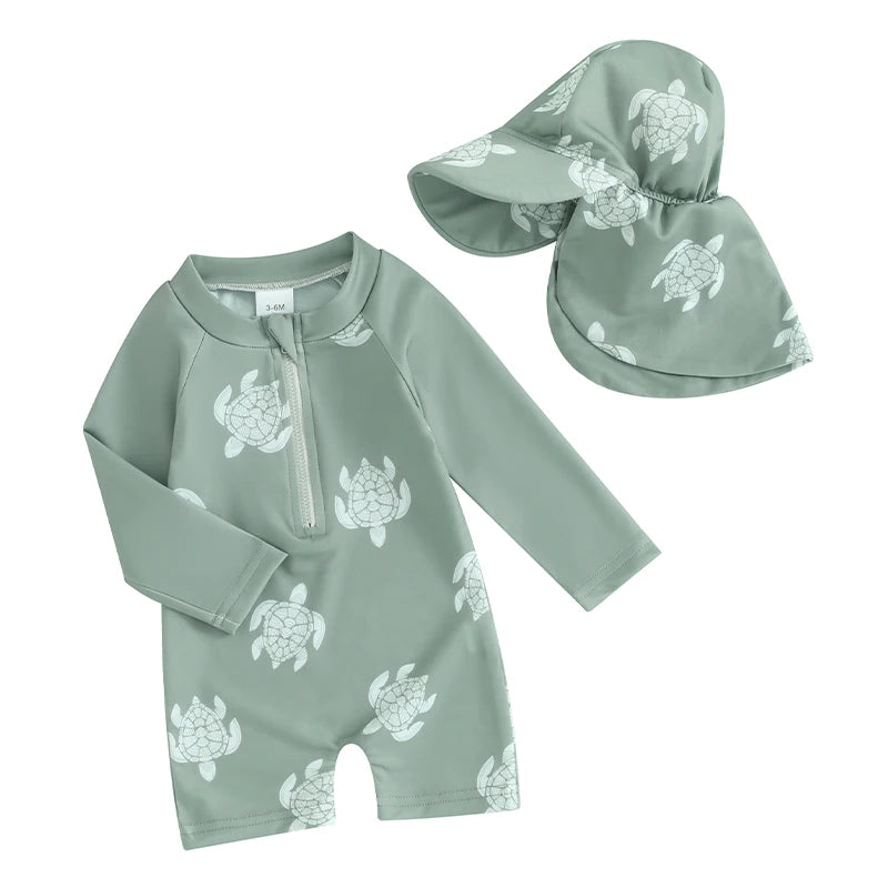 Baby boys rash guard set with turtle and dinosaur print from Baby Bubble, featuring long sleeves and vibrant design.