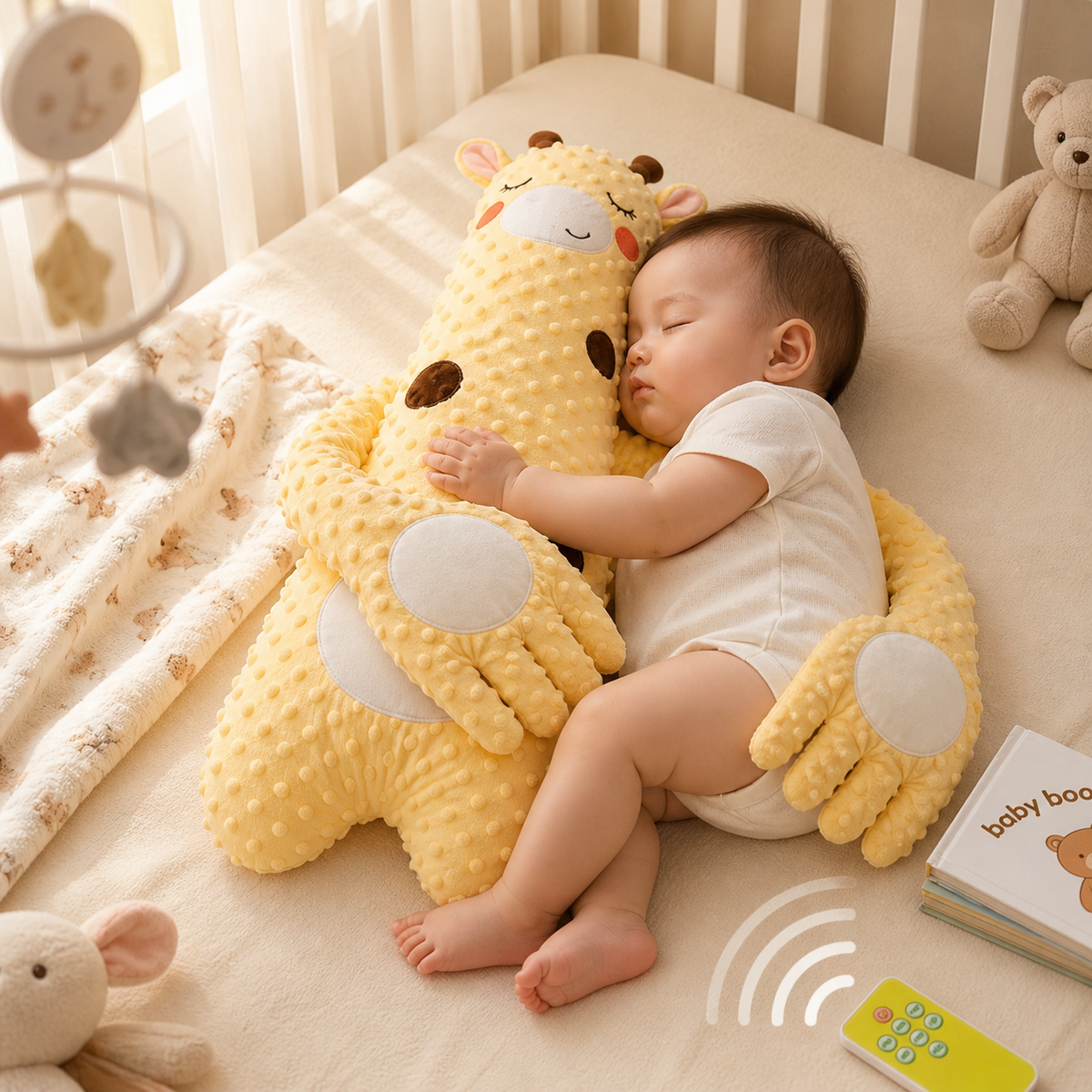 Baby patting pillow with remote control, designed to soothe infants with gentle vibrations and calming features.