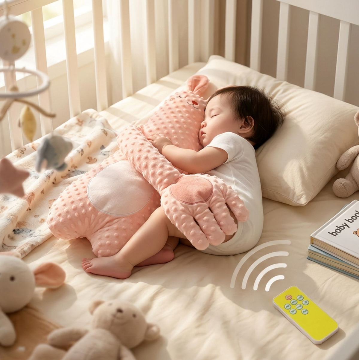 Baby patting pillow with remote control, soft fabric cover and adjustable settings for soothing baby sleep.