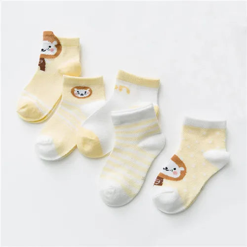 Set of five soft cotton baby socks by Baby Bubble, featuring colorful designs and gentle fabric for newborn comfort.