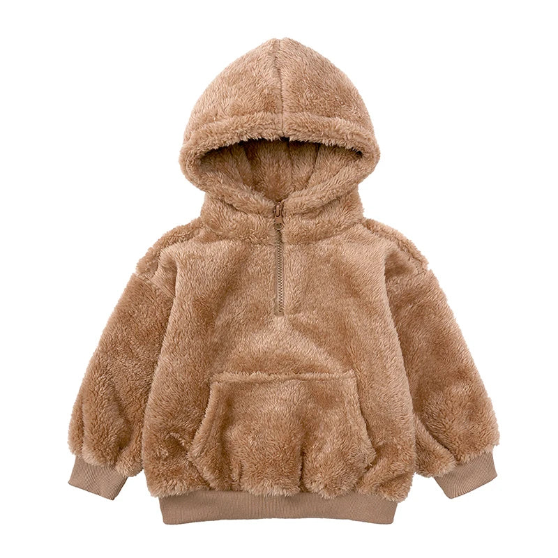 Baby Bubble winter hooded fleece coat showing a cozy, warm fleece material with a hood, perfect for cold weather.
