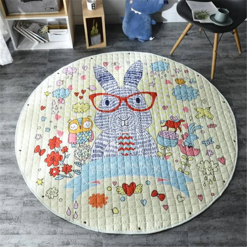 Round kids room carpet featuring Nordic animal design, 150cm diameter, soft play mat for children by Baby Bubble.